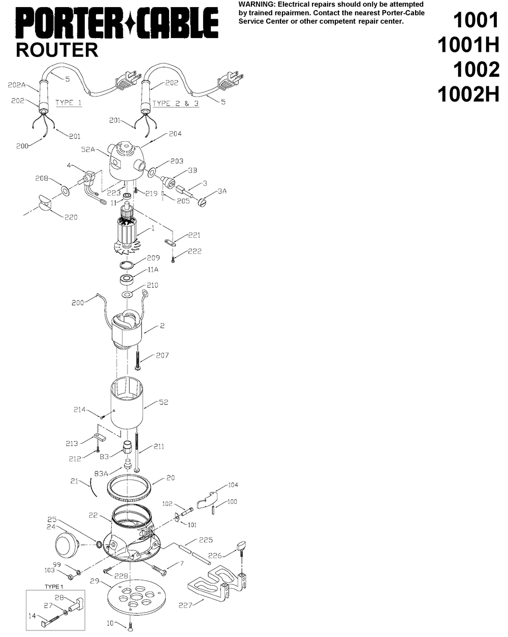 Page A Diagram and Parts List for 100 Type 3 Porter Cable Router